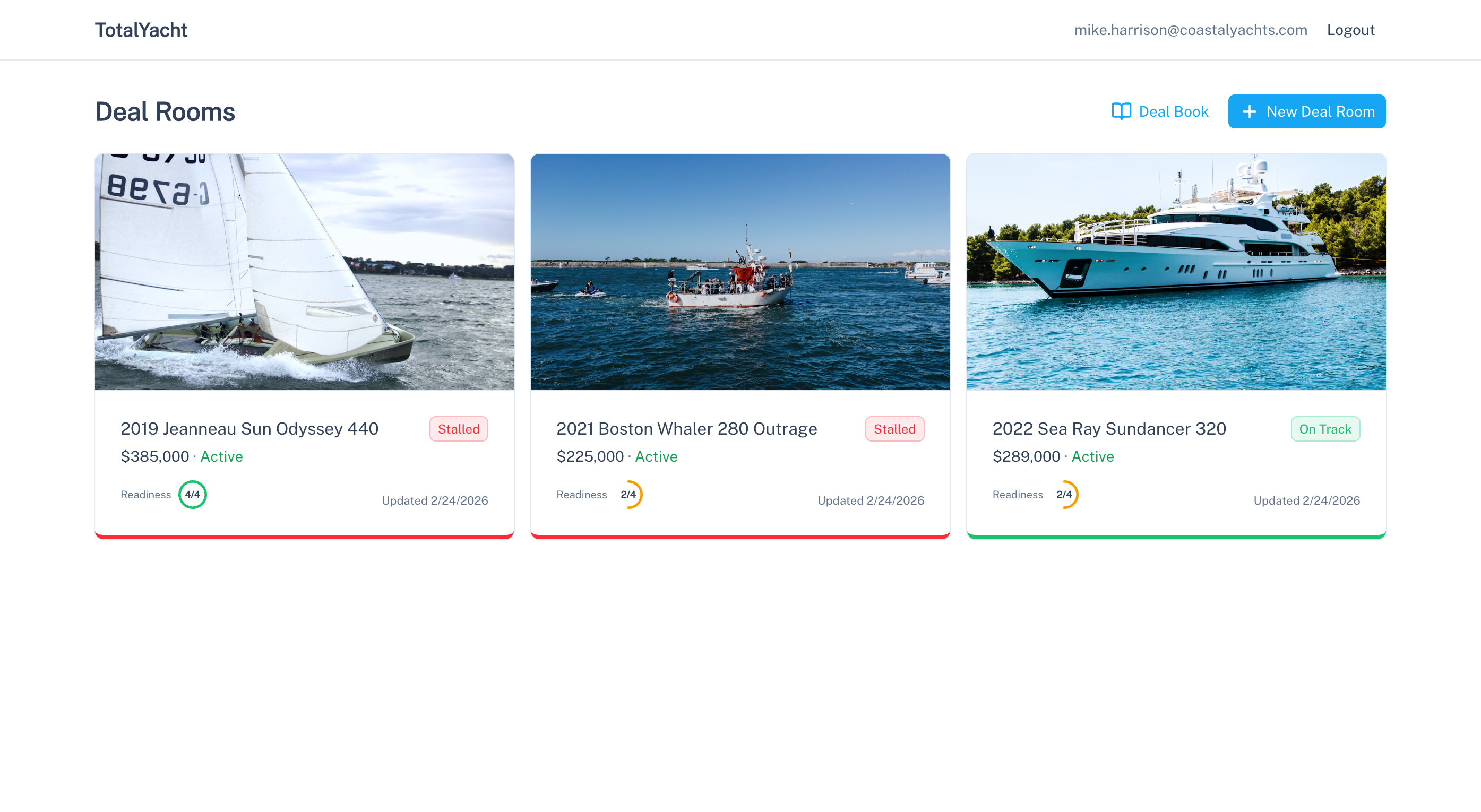 Broker dashboard with deal room cards showing health indicators and cover photos