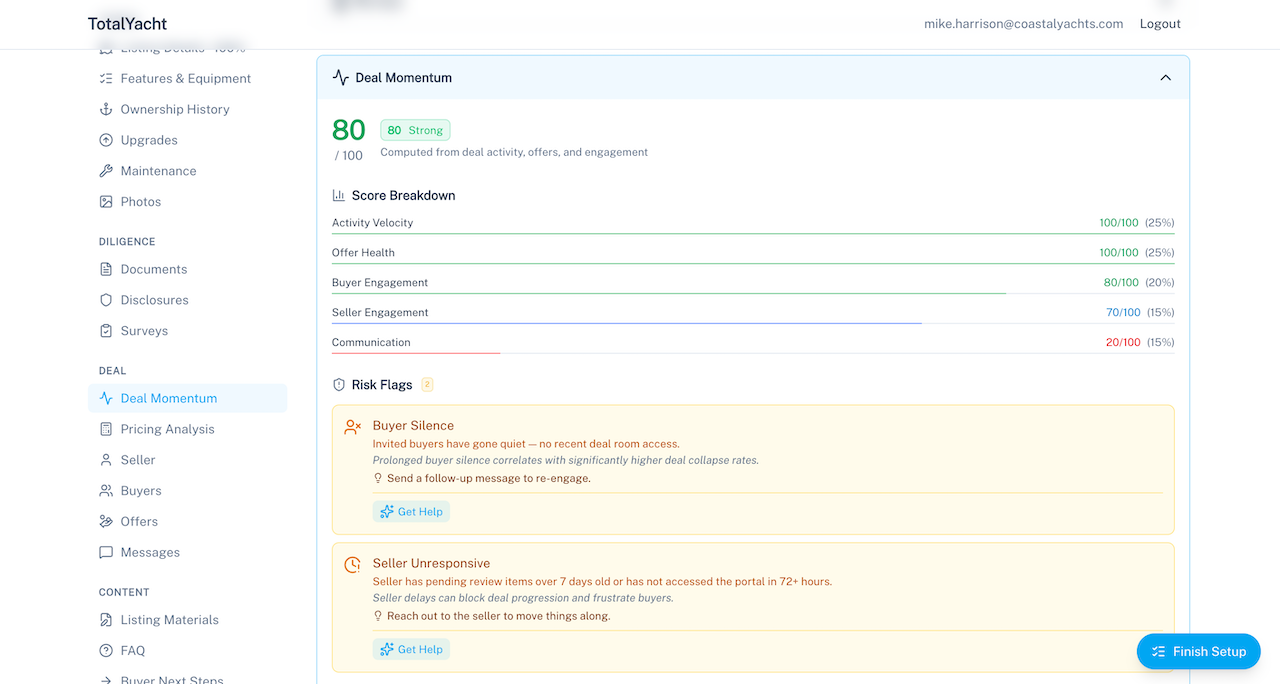 Deal momentum score with risk flags and AI suggestions in the broker deal room