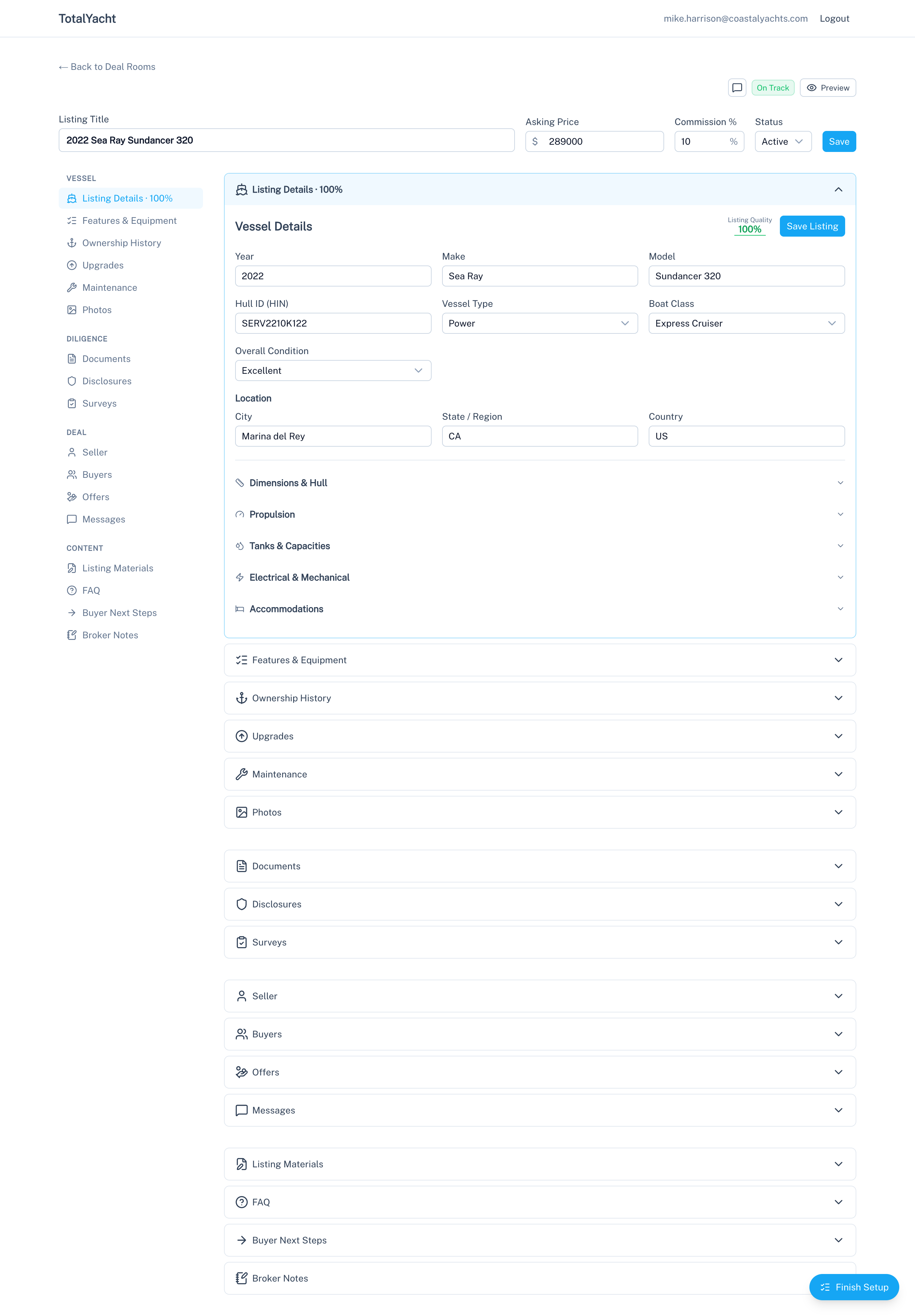 Broker listing editor with sidebar navigation and organized vessel detail sections