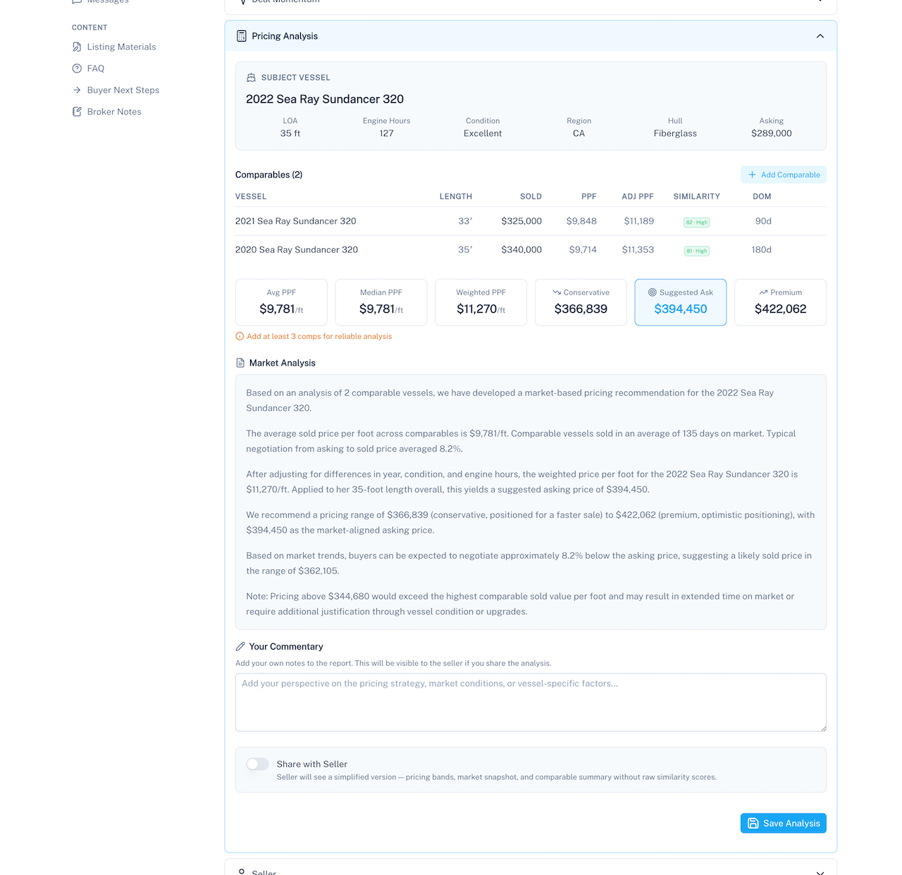 Pricing analysis showing comparable vessels, similarity scores, and pricing bands