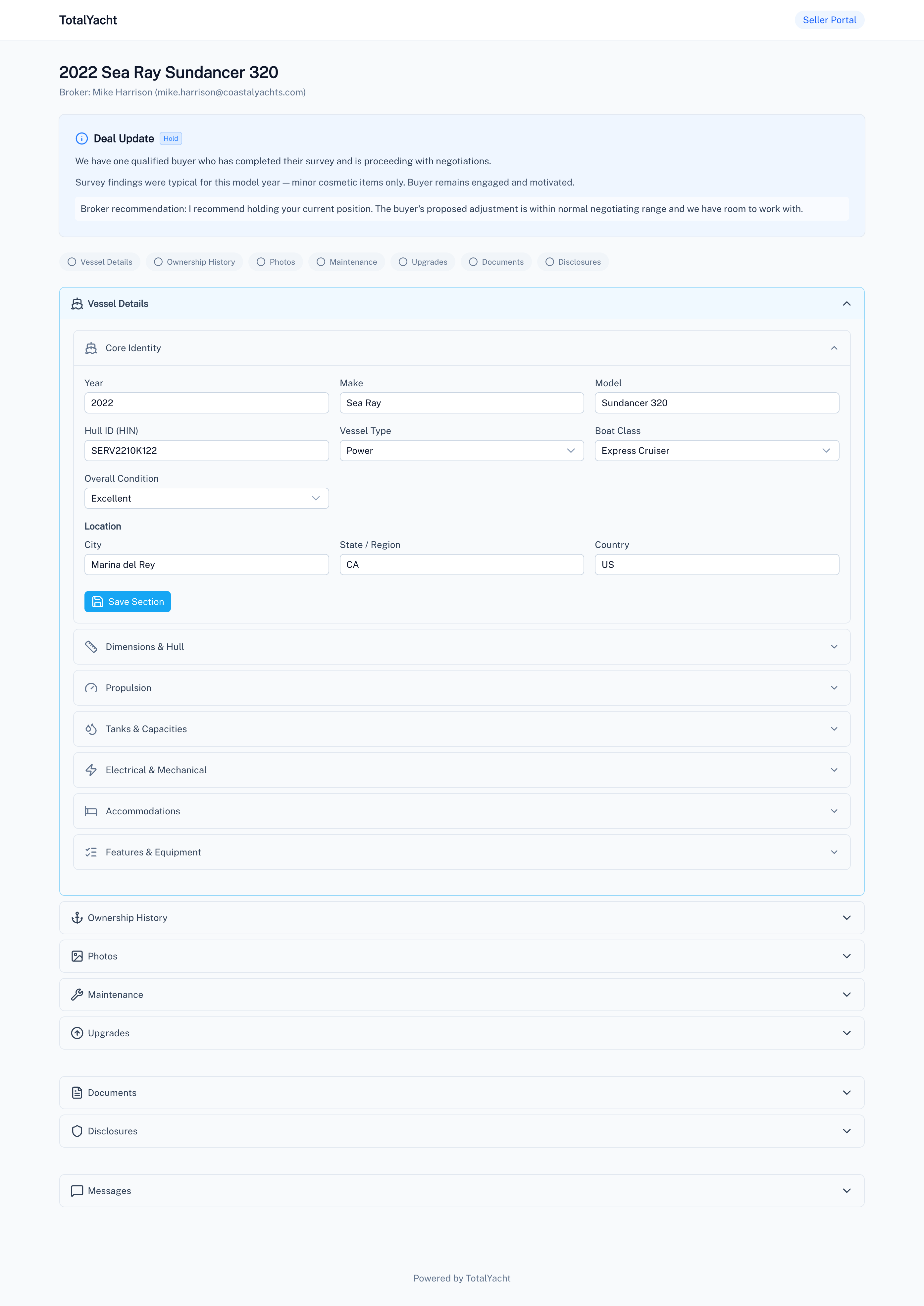 Seller portal with expandable sections for vessel details, photos, and documents